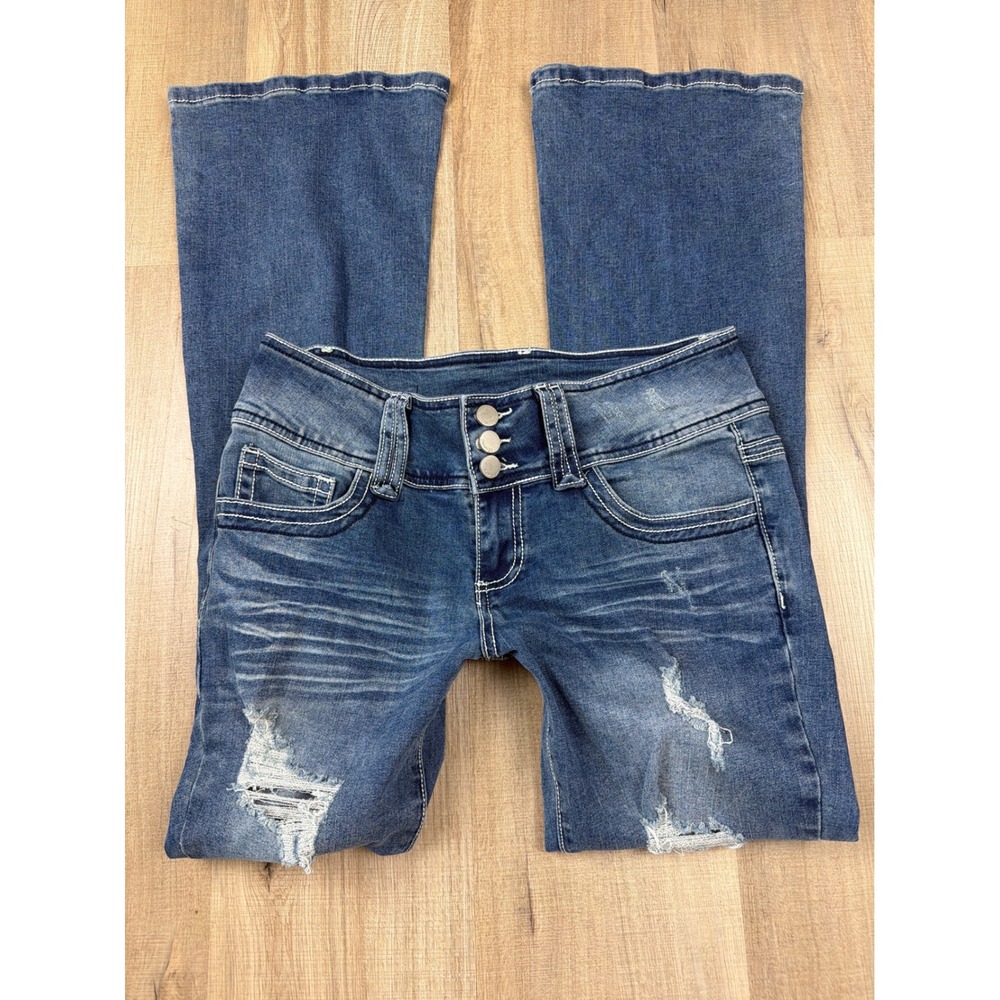 Y2K Low Rise Flamingo‎ Women's Distressed Flare Jeans Medium Wash Size Medium